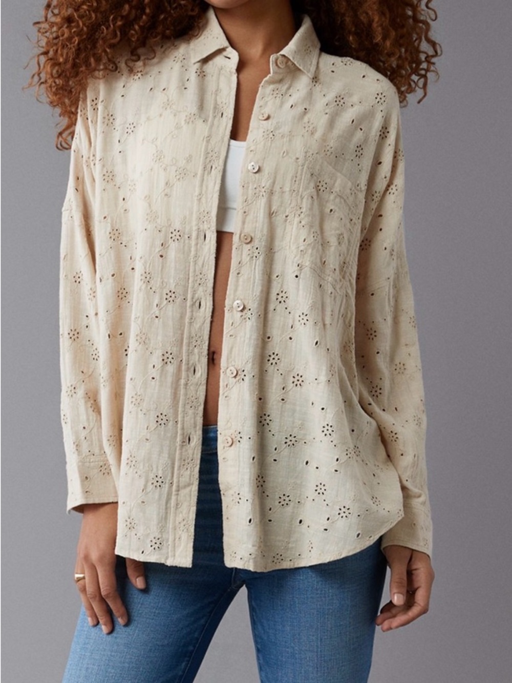 American Eagle Women's Cream Eyelet Button-Up Shirt